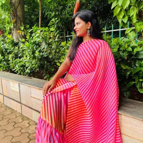 STYLISH PINK COLOUR GEORGETTE DIGITAL PRINTED RUFFLE WORK SAREE
