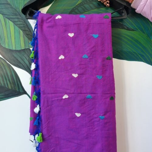 PURPLE KHADI HANDLOOM SAREE WITH MULTI COLOUR EMB. HEART WORK