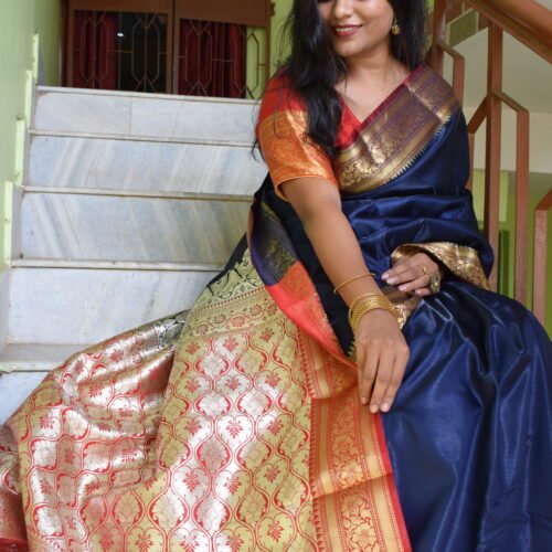 Blue Satin Silk Banarasi Saree with Red Zari Work – Woven Design, Silk Blend