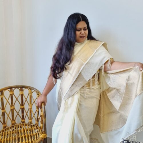White Saree with Golden Border - Office Wear, Casual Wear, Festive