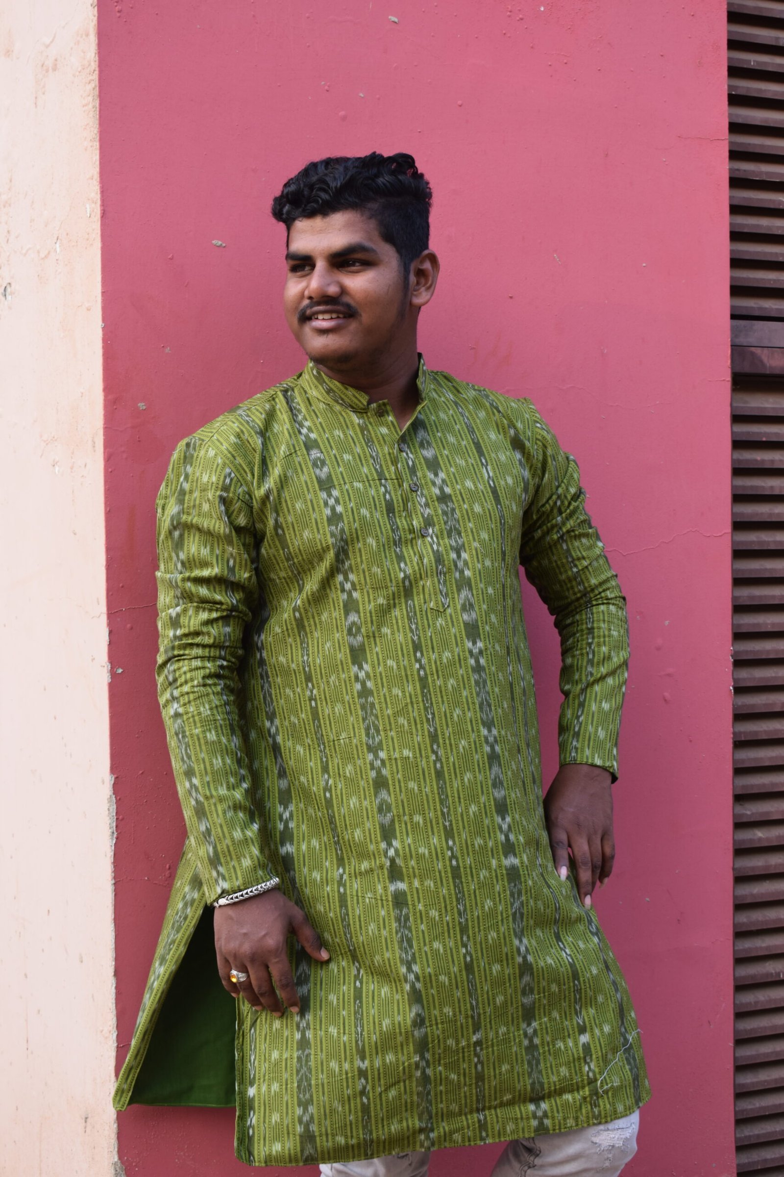 Men’s Green Handwoven Ikat Cotton Kurta – Full Sleeve - Image 2