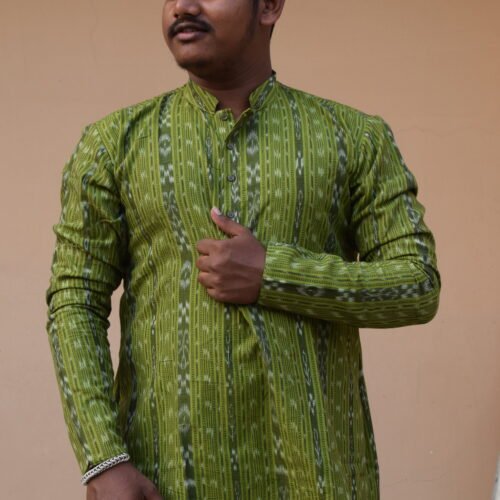 Men’s Green Handwoven Ikat Cotton Kurta – Full Sleeve