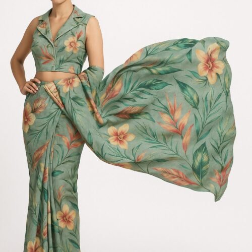 Floral Printed Green Designer Saree with Blouse